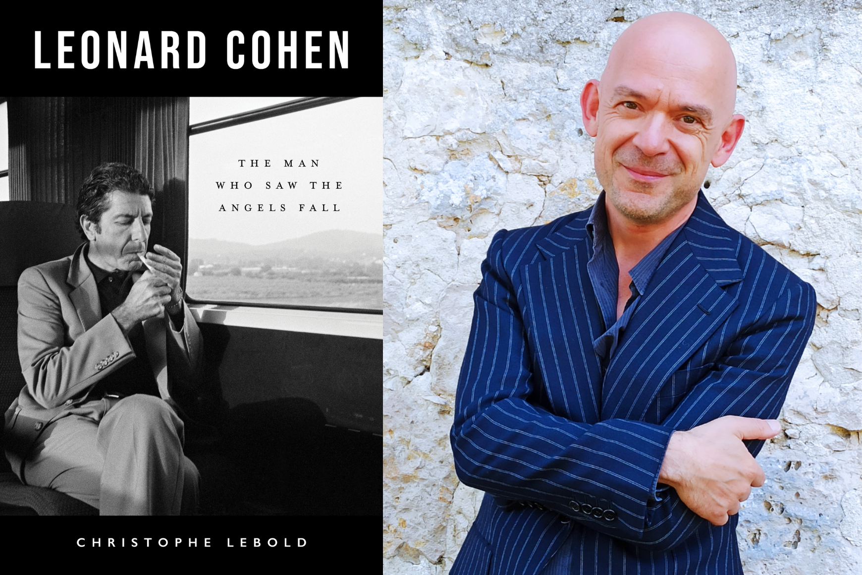 A man in a blue suit smiling next to a book cover of a man sitting and smoking